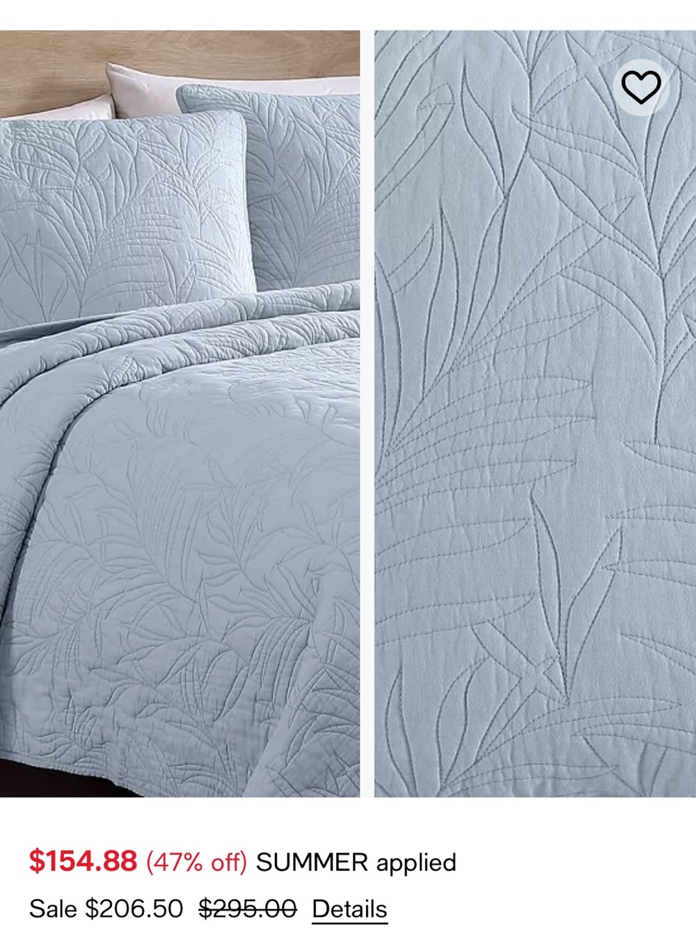 Tommy Bahama Light Blue Cotton Reversible Quilt with Botanical Quilting - Queen